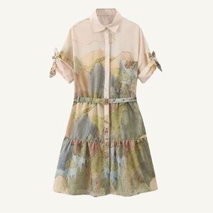 Zara ZW Collection Printed Shirt Dress Belted Button Front Size Medium